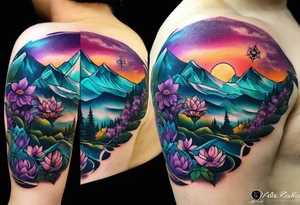 half sleeve tattoo on my shoulder. It features a mountain range, with a compass rose rising up from behind the mountain like a sunrise. In front of the mountains, there are purple and teal flowers. tattoo idea
