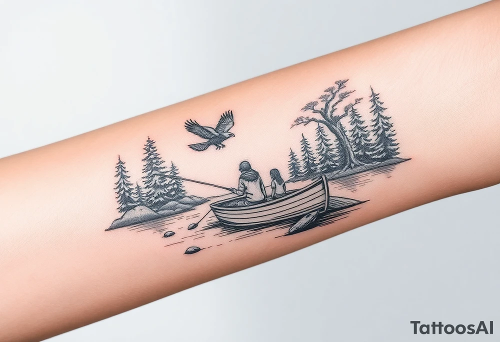 Northern river with evergreen along side river with a fishing boat with two with eagle flying in the sky and women and girl sitting on doc back facing tattoo idea