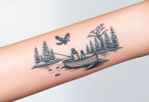 Northern river with evergreen along side river with a fishing boat with two with eagle flying in the sky and women and girl sitting on doc back facing tattoo idea