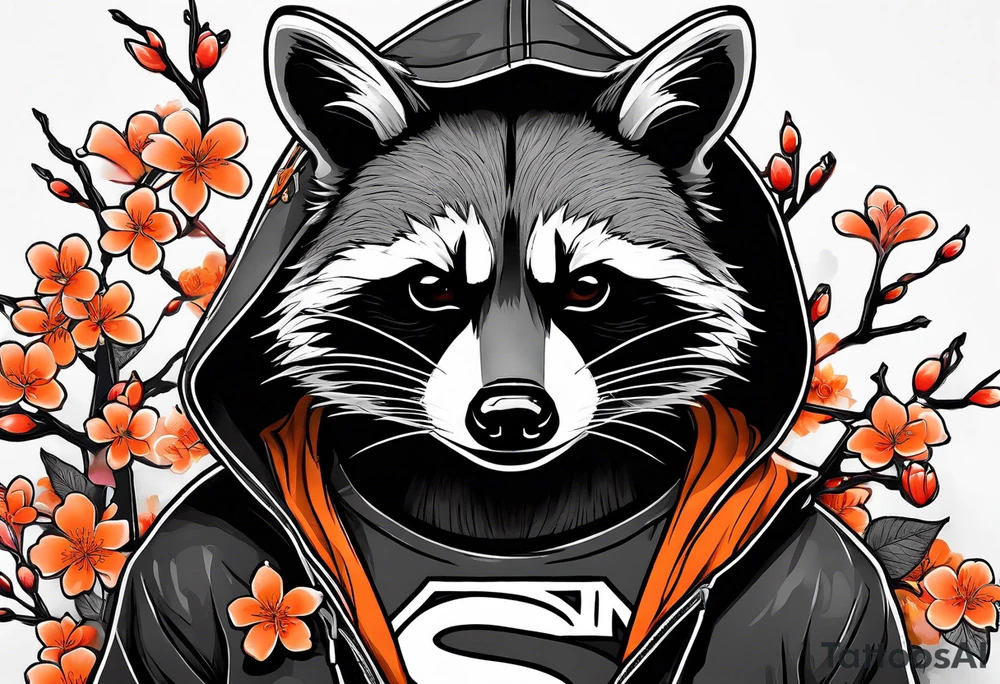 Raccoon wearing a white Superman logo on a black hoodie and orange Japanese cherry blossoms beside tattoo idea