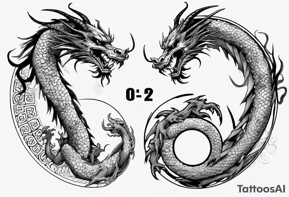 Chinese dragon in a circular shape with "02.03" written on its skin tattoo idea