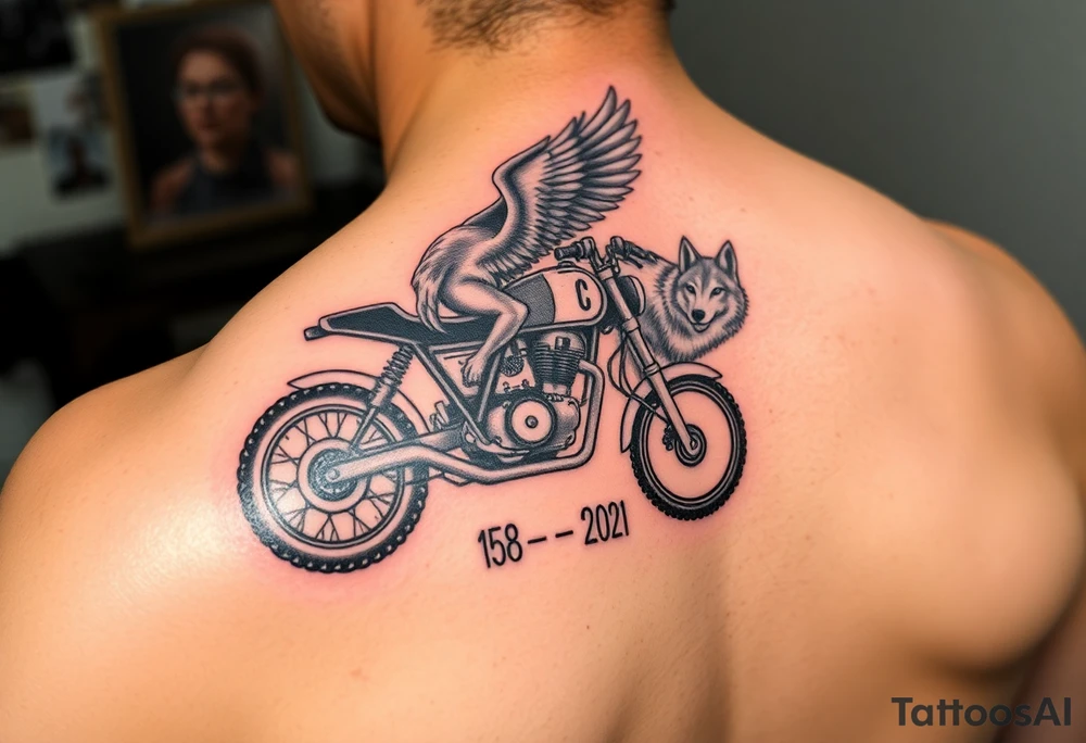 the year 1958 - 2021 with a motorcycle on it with guardian angel wolves tattoo idea
