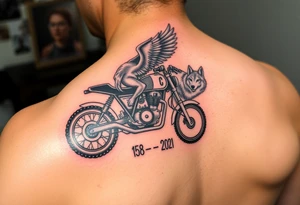the year 1958 - 2021 with a motorcycle on it with guardian angel wolves tattoo idea