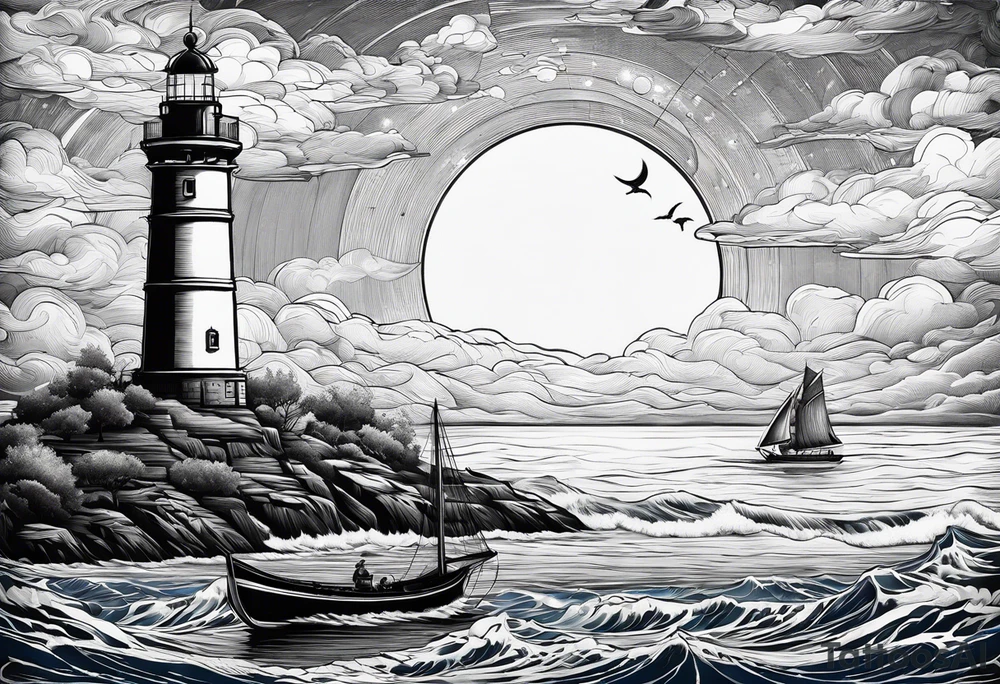 bateau, phare maritime et lune bleu tattoo idea