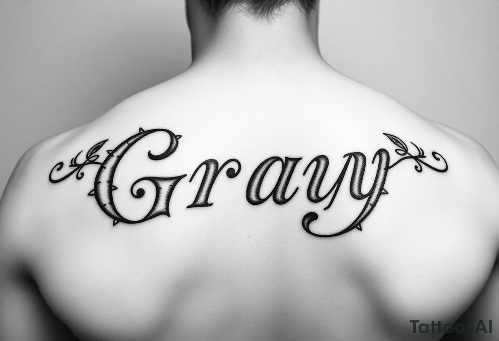 Tattoo design with the concept of our last name "Gray" with all our first names incorporated into it. "Bradley, Ashleigh, Penelope, Lennon". tattoo idea