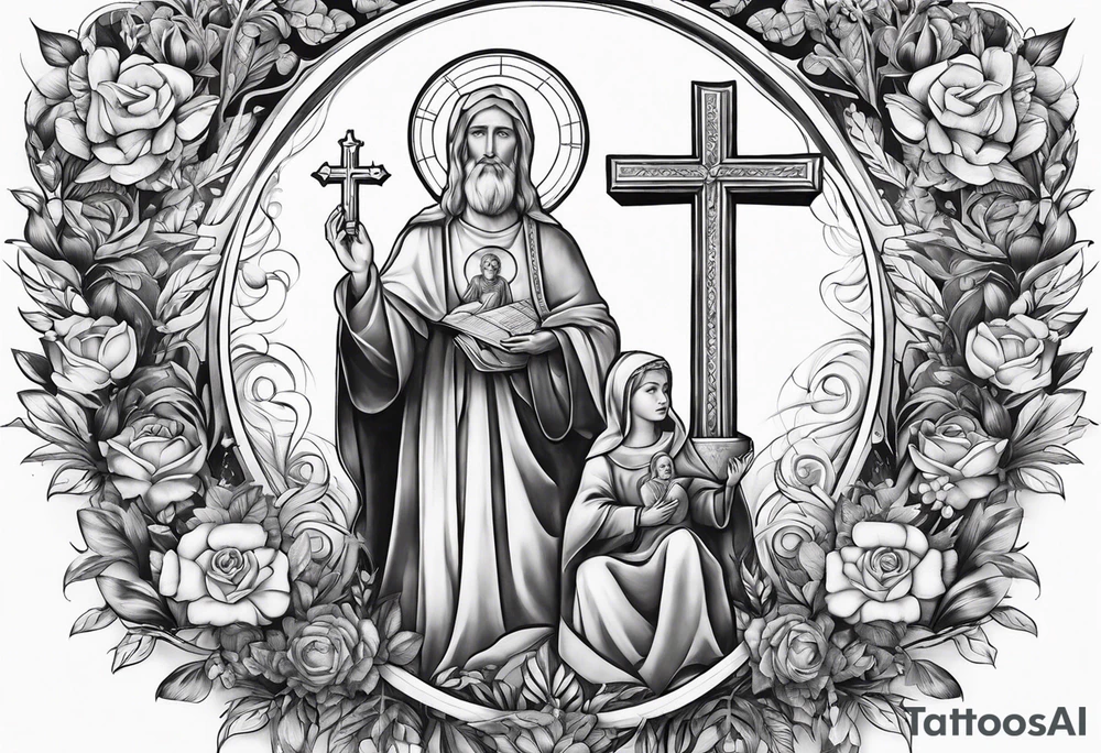 long sleeve tattoo about Christianity, family and the love of life tattoo idea