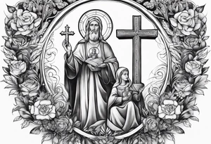 long sleeve tattoo about Christianity, family and the love of life tattoo idea