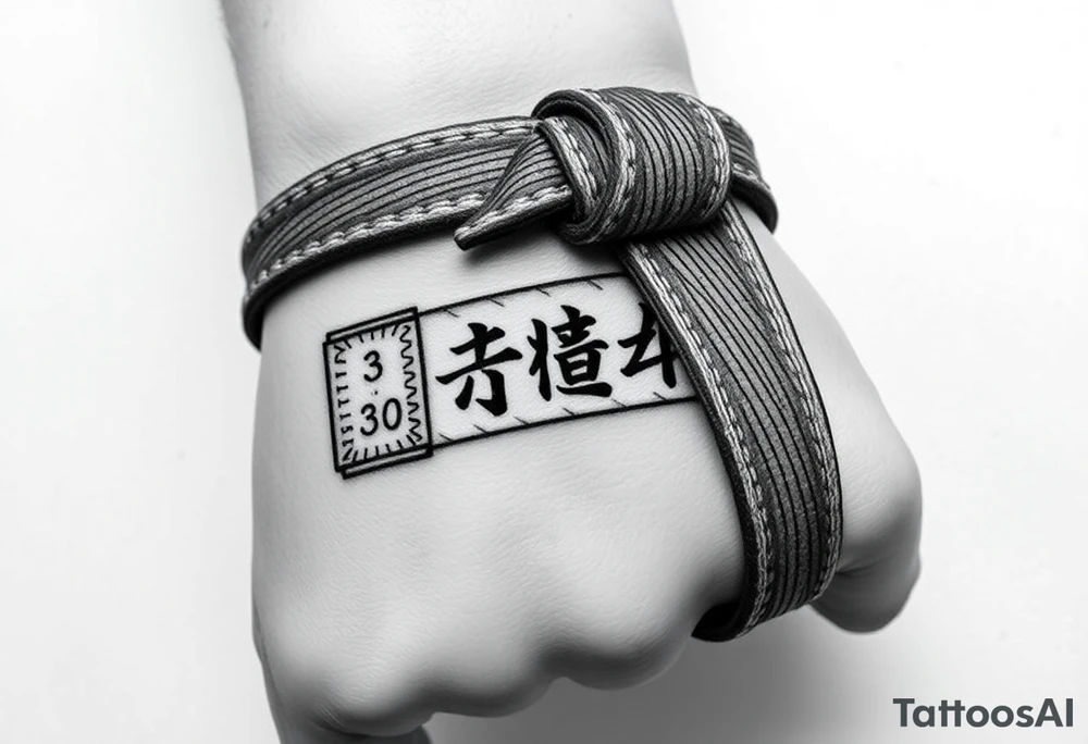 A realistic black and gray tattoo of a Brazilian Jiu-Jitsu black belt wrapping around the wrist like a bracelet. The belt is tied in a knot with one end showing the number 30 and the other showing 24. On the flat end of the belt, two Japanese kanji characters are inked in white: 成長 (growth) and 忍耐 (perseverance). The belt has subtle stitch marks and worn, textured shading for a slightly distressed, authentic look. The style is clean, symbolic, and bold, designed to wrap naturally around the wrist like a wristband.” tattoo idea