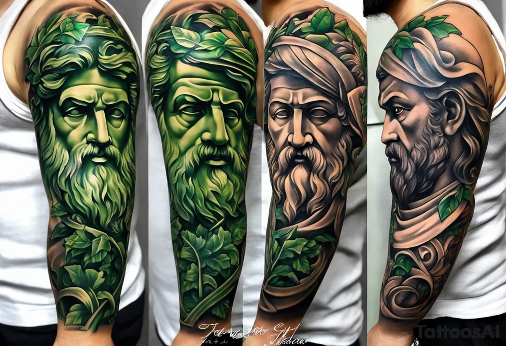 a tattoo full sleeve of stoic heroes in statue form including plato, socrates, alexander the great, julius ceasar, aristotle, pythagorus and william marshal. small amounts of Green english vine plant running through the whole tattoo. all fit on one arm. tattoo idea