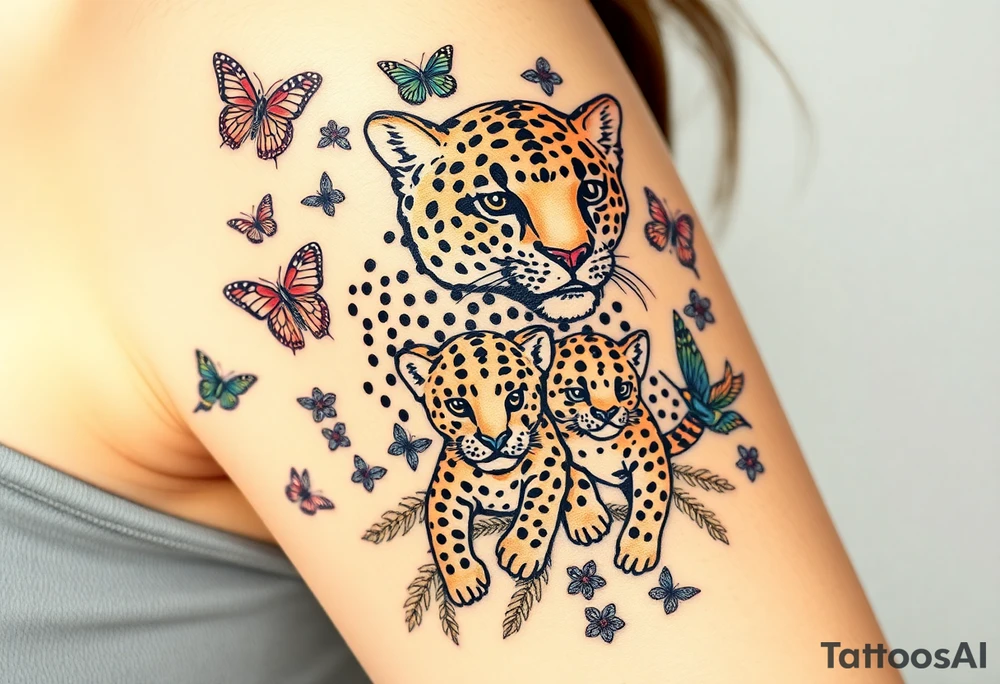 3 jaguars (a mother and 2 cubs) surrounded by butterflies and hummingbirds in new old school style tattoo idea