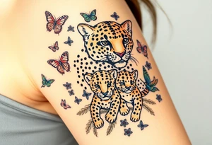 3 jaguars (a mother and 2 cubs) surrounded by butterflies and hummingbirds in new old school style tattoo idea