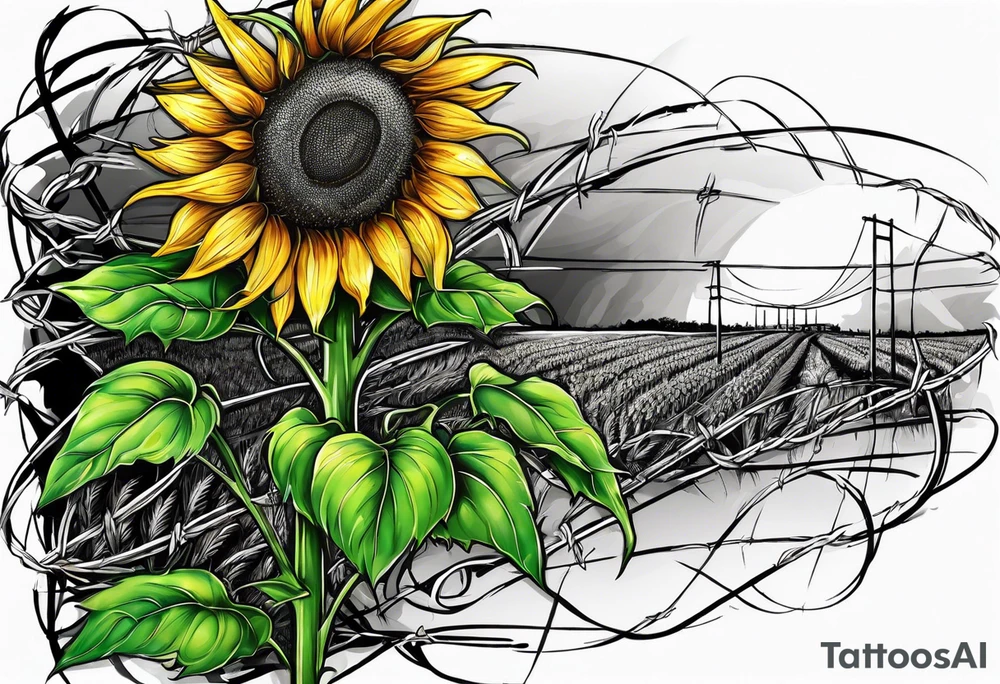 Sunflower, wheat, and barbed wire half sleeve tattoo idea