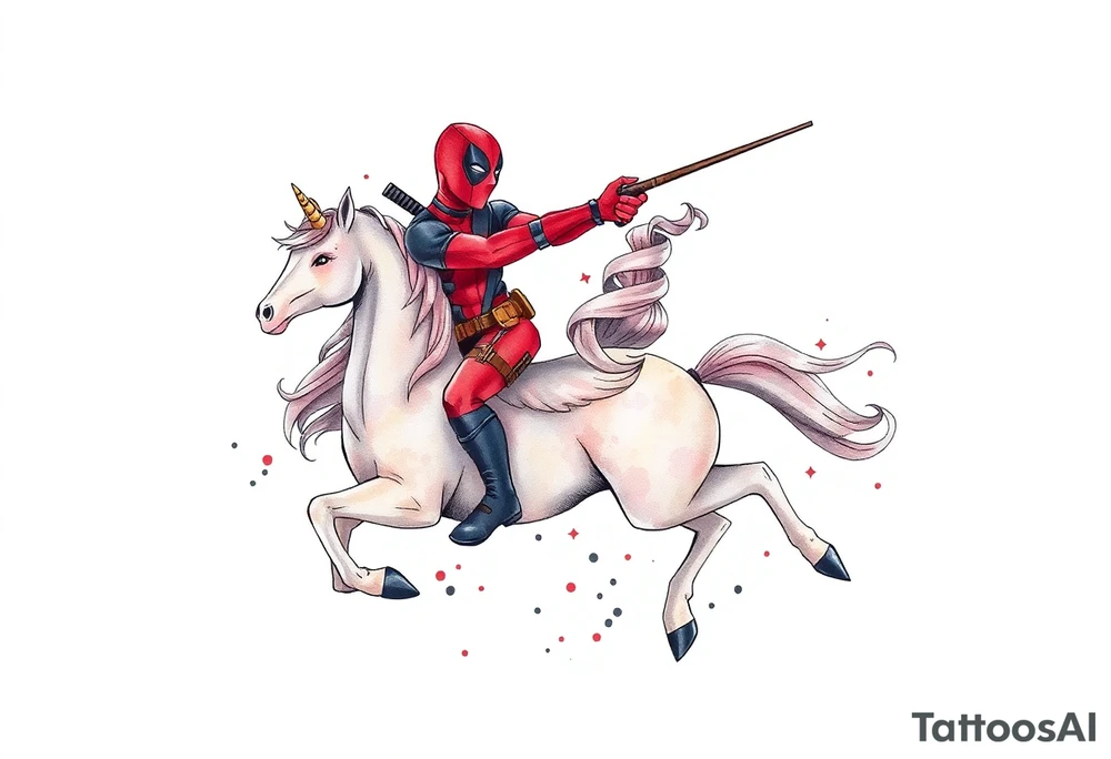 Deadpool riding a unicorn shooting Russian era rpg tattoo idea