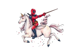 Deadpool riding a unicorn shooting Russian era rpg tattoo idea