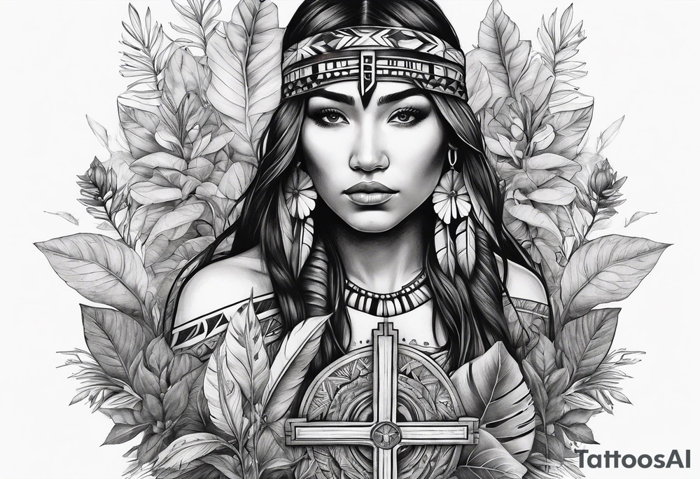 Native American holding a cross with plants and nature behind her, half sleeve tattoo idea