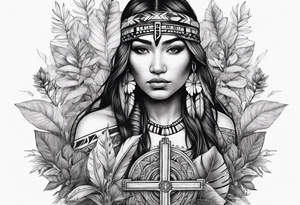 Native American holding a cross with plants and nature behind her, half sleeve tattoo idea