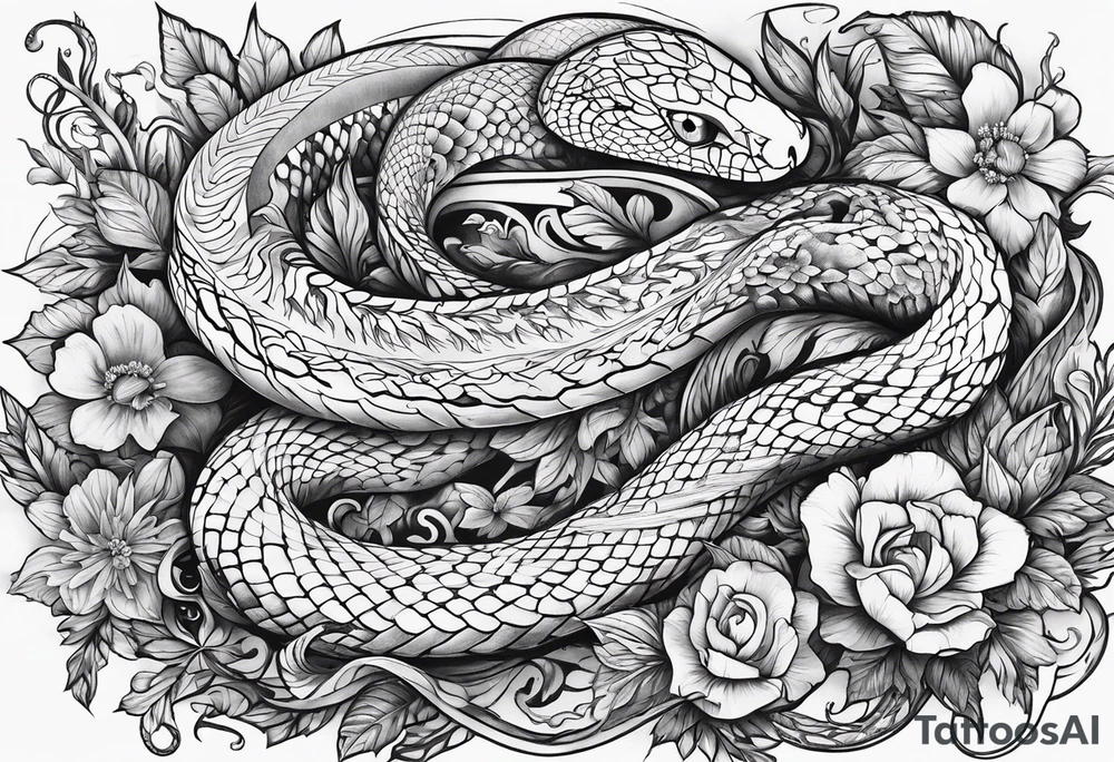 Knife, snake, wildflowers, flames tattoo idea