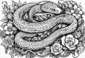 Knife, snake, wildflowers, flames tattoo idea