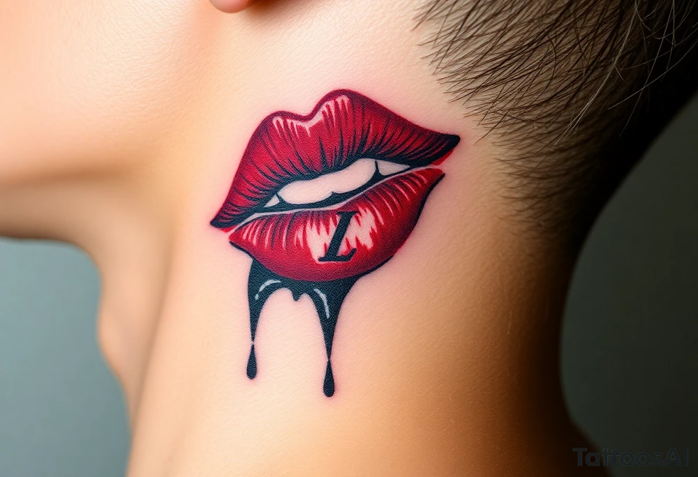 Stain from lipstick kiss with initial lowercase lrs with spit tattoo idea