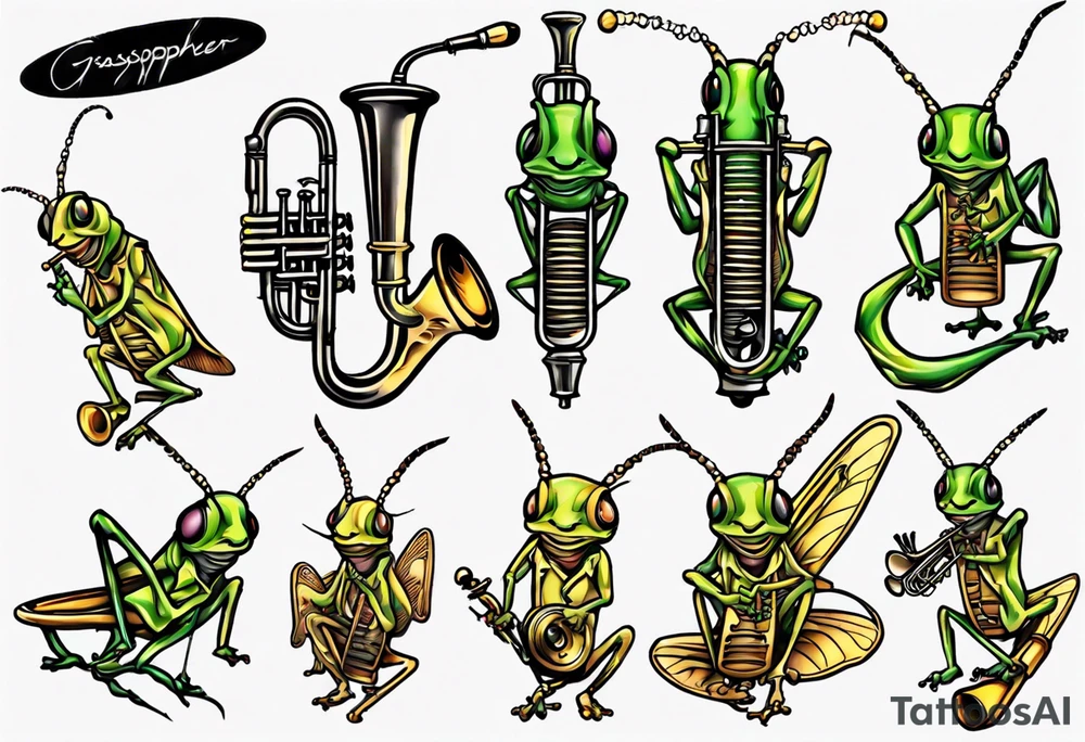 grasshopper playing trumpet tattoo idea