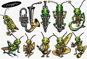 grasshopper playing trumpet tattoo idea