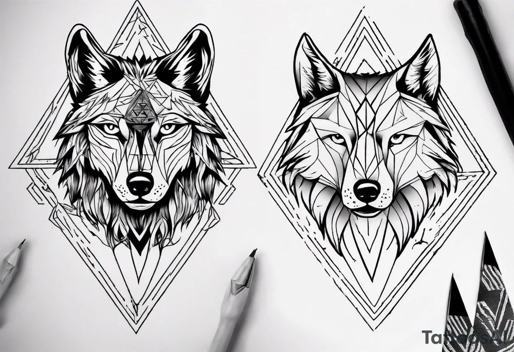 wolf head with a triangle shape in the background tattoo idea
