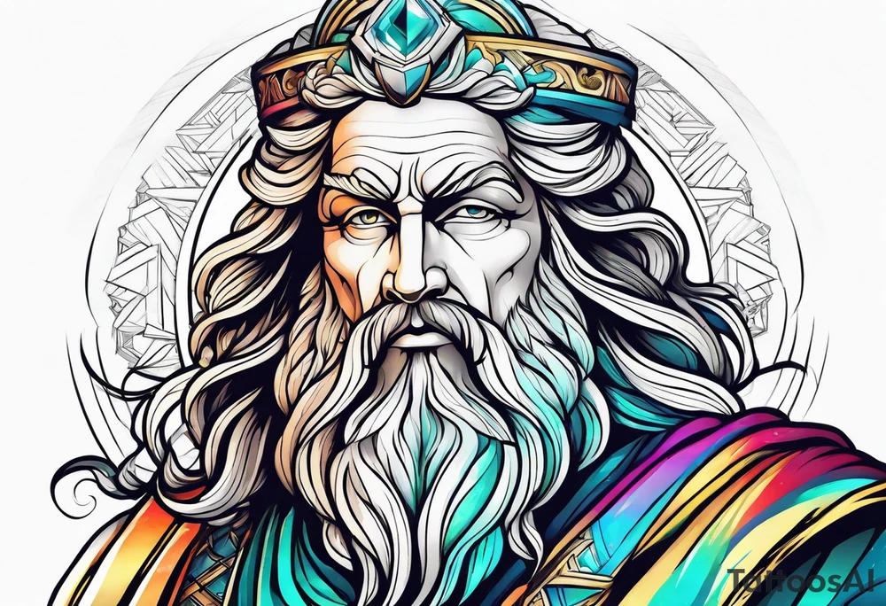 powerful majestic zeus, colorful tattoo idea