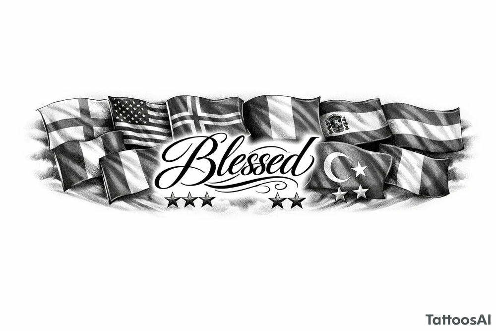 Football related England USA Iceland Italy Spain Turkey France Hungary flags inside forearm can u put 3 stars under iceland , 2 under turkey and italy
And quote in middle blessed flags to be around it tattoo idea