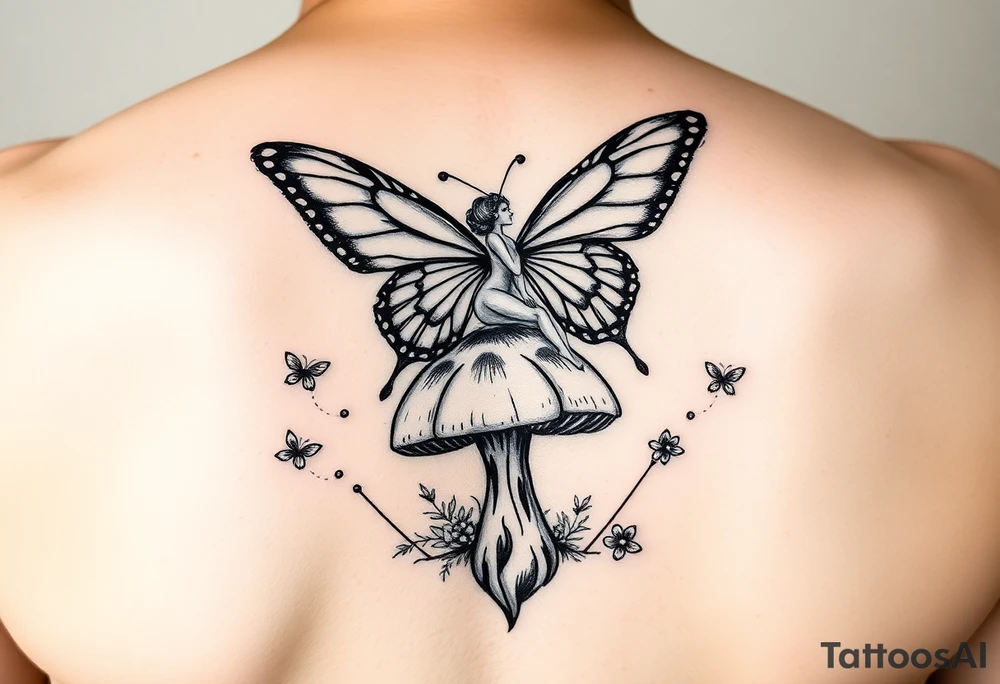Butterfly fairy sitting on mushroom with fireflies tattoo idea