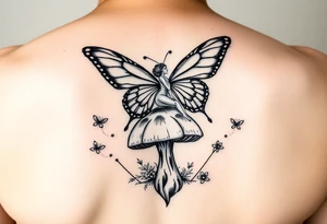 Butterfly fairy sitting on mushroom with fireflies tattoo idea