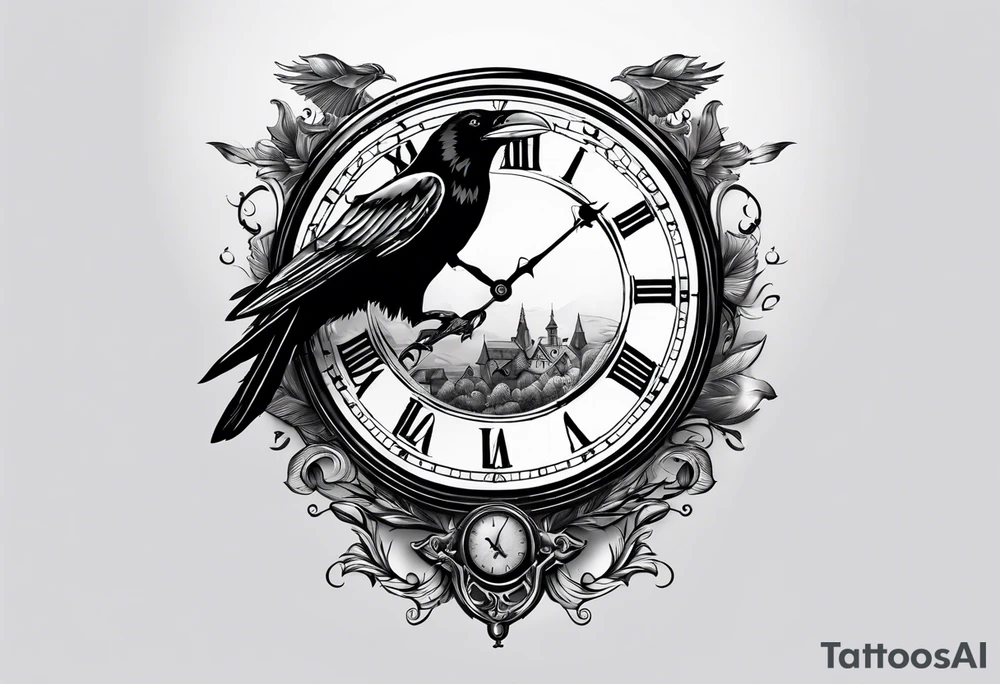 broken clock with ravens tattoo idea