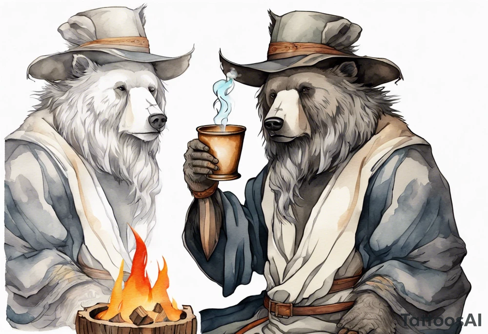 a medieval bear-human hybrid with a long grey beard wearing a tunic and a floppy hat sitting by a fire drinking from a wood cup tattoo idea