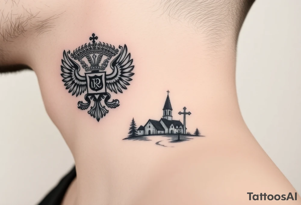 Traditional authentic Russian coat of arms with a Christian orthodox virgin marry in the middle and silhouette in a Russian wilderness Christian orthodoxy dome church village setting on the side of my neck tattoo idea