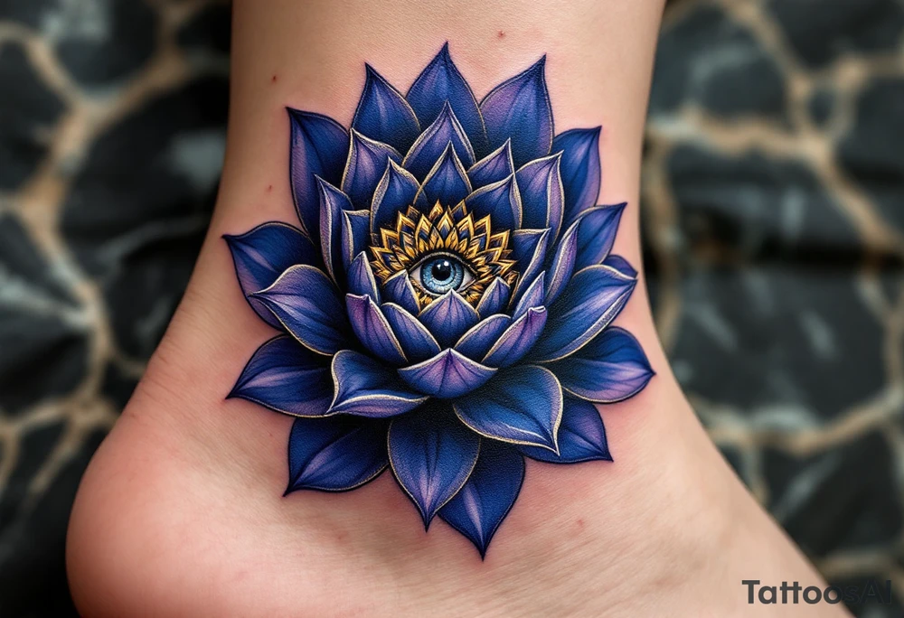 A deep indigo lotus flower with a central eye and subtle gold highlights around the petals. tattoo idea