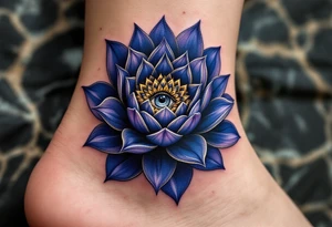 A deep indigo lotus flower with a central eye and subtle gold highlights around the petals. tattoo idea