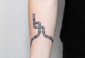 Top pipe starts closer to the elbow, long System of pipes that transitions and transforms into veins of forearm tattoo idea