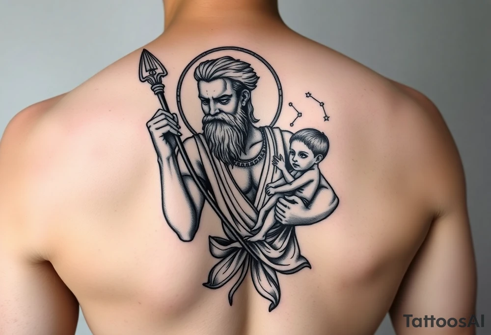 a tattoo design of the Greek God Saturn holding his spear in one hand with the Saturn Symbol as the spear head, in his other arms cradling a twin younger version of himself. The gemini constellation is in the background behind the Saturn Gods tattoo idea