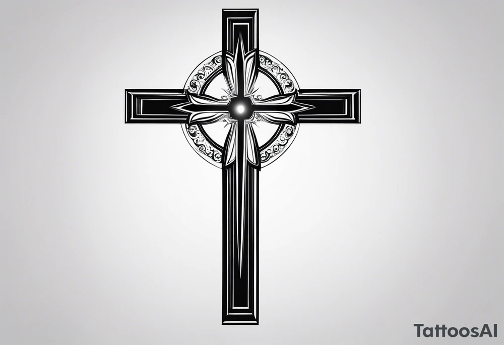 Tattoo: A refined cross with a soft halo on top of it, symbolizing light and spirituality. Delicate rays extend outward from the halo, adding a subtle glow and depth. The cross itself is simple and elegant, with potential for small, intricate line details within the design. tattoo idea