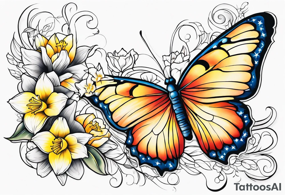 Butterfly, star and daffodils and morning glory tattoo idea