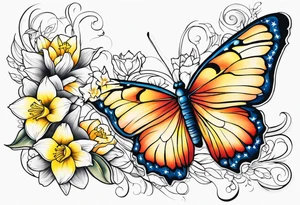 Butterfly, star and daffodils and morning glory tattoo idea