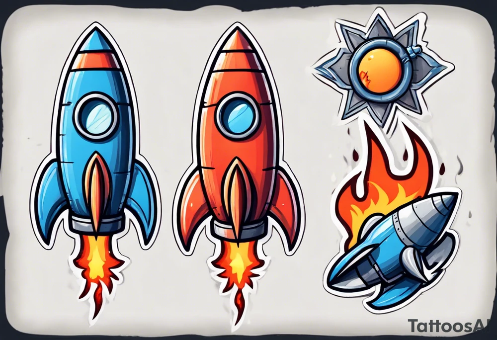 Super simple cartoon rocket ship with a round window, 3 fins, and fire coming out the bottom

Add some shading, color, and detail to make less basic - no blue tattoo idea