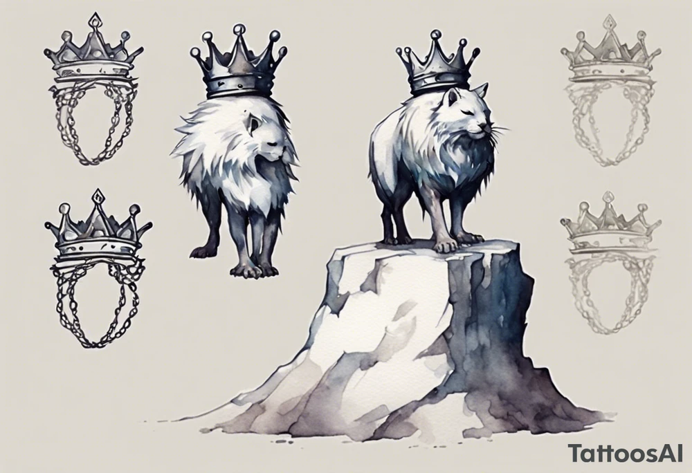 a white roc wearing a minimalist iron crown, standing on a stone throne tattoo idea