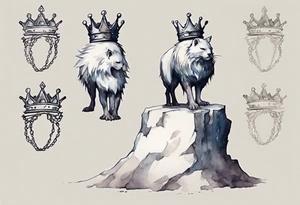 a white roc wearing a minimalist iron crown, standing on a stone throne tattoo idea