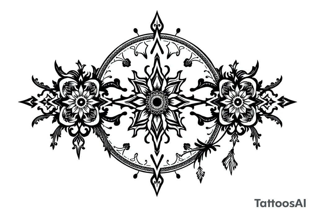 mystical dark and long ornament tattoo with shaman and witch style and ancient rhyme tattoo idea