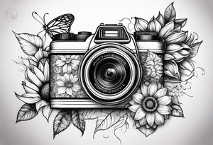 Flower : rose , sunflower, camera, small butterfly tattoo idea