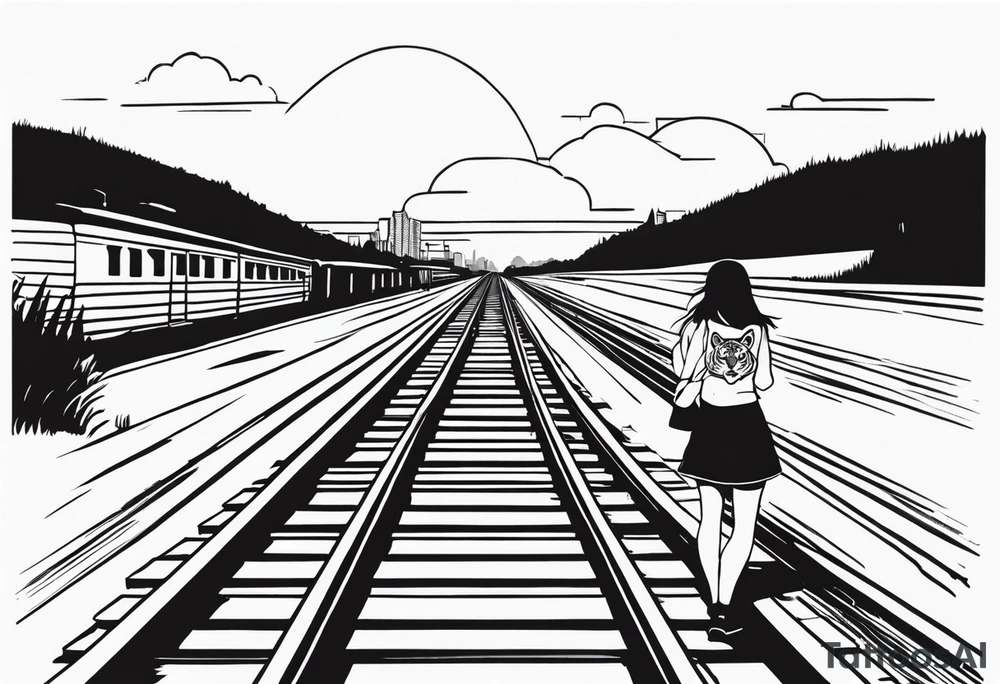 Bells cracming train track in the middle with a girl wearing tiger mask tattoo idea