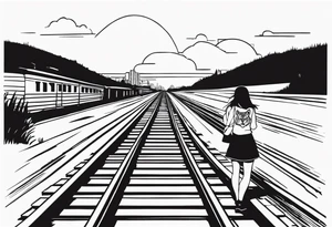 Bells cracming train track in the middle with a girl wearing tiger mask tattoo idea