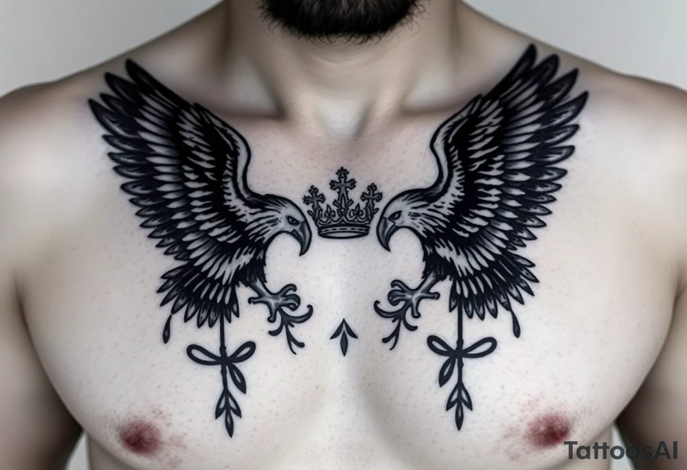 Chest tattoo,powerful two pilish symetricals majestic darks eagles, surrounded by lure ornaments , between eagles a crown tattoo idea
