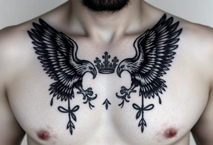 Chest tattoo,powerful two pilish symetricals majestic darks eagles, surrounded by lure ornaments , between eagles a crown tattoo idea