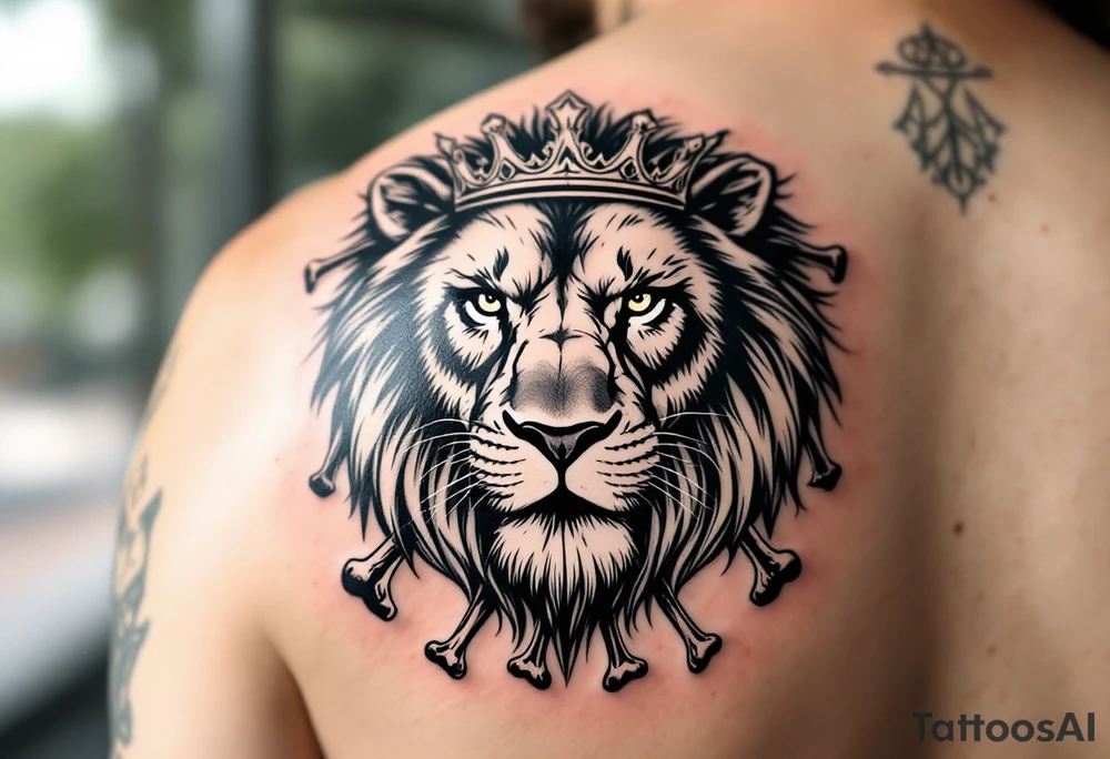 powerful majestic lion with a crown made of bones tattoo idea